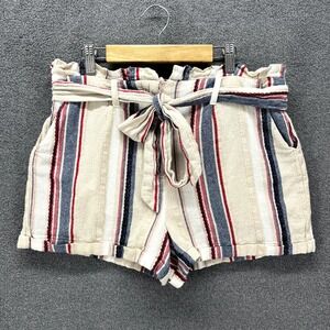 Hashttag Shorts Womens Medium Beige Blue‎ Stripe Paperbag Belted cotton
